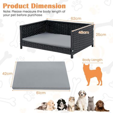 Собаче ліжко SOARS з ротангу, кошик для собак з подушкою, знімний та пральний чохол, підняте собаче ліжко для маленьких та середніх собак, диван для собак для дому та на вулицю, 62 x 46 x 25 см