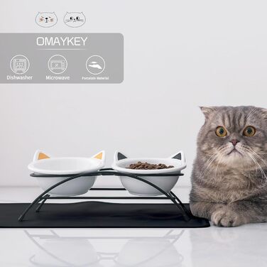 Набір мисок для котів з кераміки з підставкою та силіконовим килимком, 340 мл, нахилені, для котів, кошенят, маленьких собак, білий