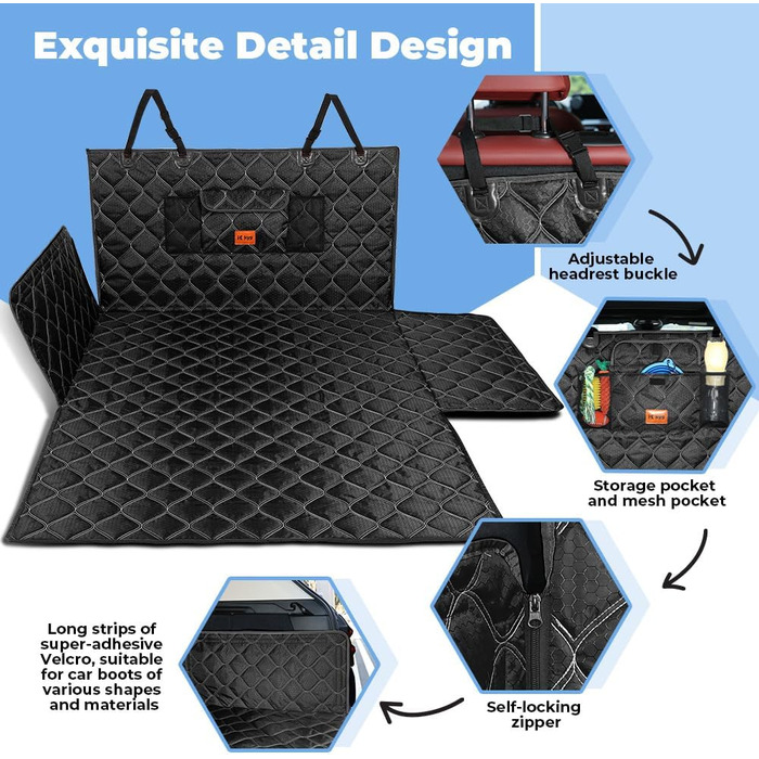 Захист для багажника автомобіля KYG: стеганий килимок для собак з захистом бокових панелей та краю, вологостійкий, стійкий до подряпин, універсальний, чорний, 185x105 см