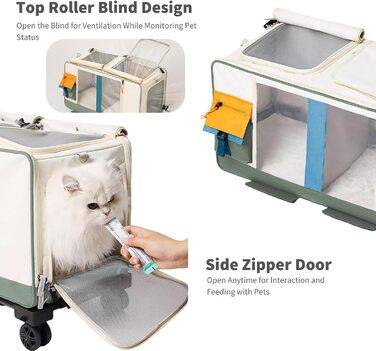 PETCUTE Транспортна сумка для тварин на 2 котів/собак з 2 відділеннями та знімними колесами, дихаюча, для подорожей, прогулянок, кемпінгу, бежево-коричнева