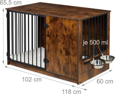 Клітка для собак Relaxdays, для дому, HBT: 65,5x102x60 см, 2 поворотні миски, собача будка з виглядом дерева, МДФ & сталь, (Коричневий/Чорний)