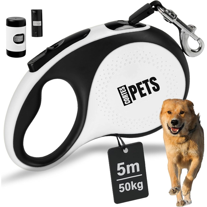 Висувна поводок для собак CORTESPETS® 5м - для малих та великих собак до 50 кг - високоякісна роликова поводок з зручним ручним захопленням (білий, L, 5м, до 50кг)