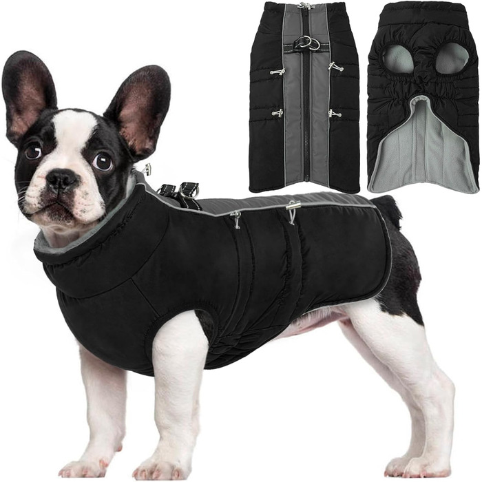 Водонепроникний теплий зимовий одяг для собак - куртка з отвором для шлейки, для малих, середніх та великих собак, чорного кольору, розмір L