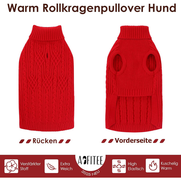 Пуловер для собак AOFITEE для маленьких порід, такса, мопс, мальтипу, з коміром-стійкою, теплий зимовий пуловер, червоний, розмір S