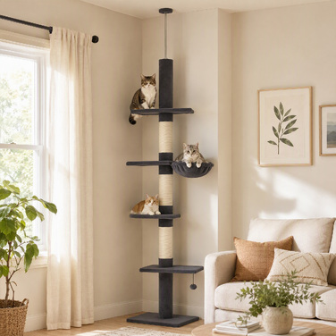 Ігровий комплекс для котів ratzbaum: стельовий, висота 225-255 см (регульована), 5 ярусів, 3 сизалеві стовпчики-дряпки, гамак та платформи
