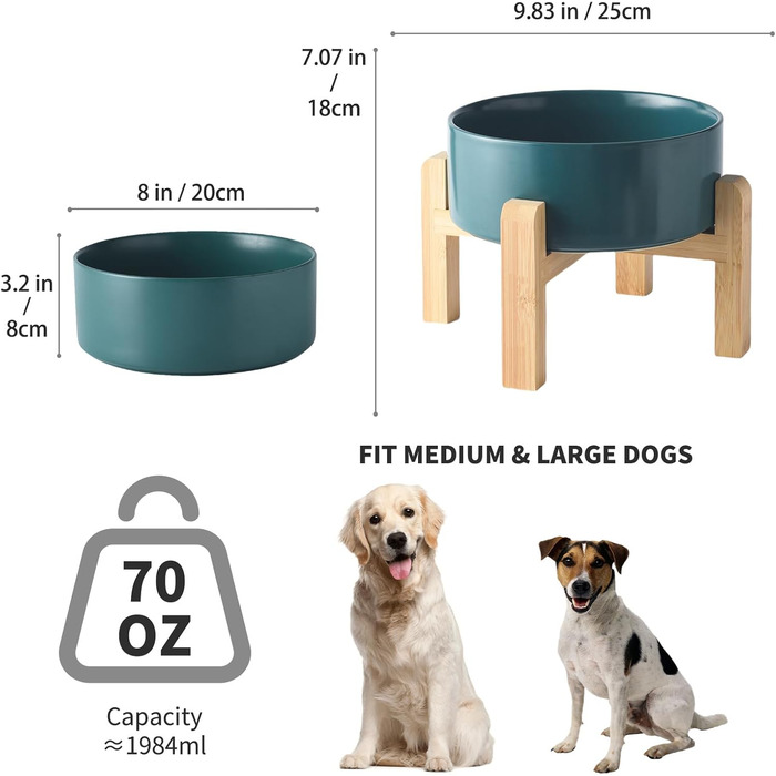 Керамічна годівниця для тварин Welloyed з піднятим, антиковзним підставкою з бамбука, 20,3 см, підходить для миття в посудомийній машині та мікрохвильовці, запобігає блювоті, міцна годівниця для середніх порід