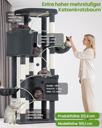 Комплекс для котів Kratzbaum XXL 213 см: Дряпка-стовп, будиночок, платформа, гамак - Сірий когтеточка для великих котів