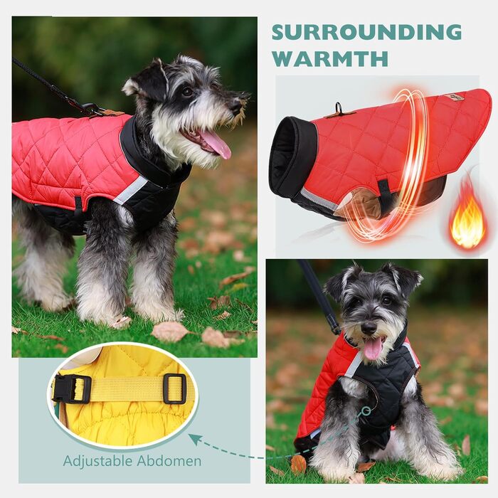 Водонепроникний нашийник для собак PETCUTE, зимова куртка для собак, захист від вітру, одяг для собак середнього та великого розміру, нашийник з безпечними світловідбиваючими смугами, дощовик для собак з отвором для шлейки (3XL, Червоний+Чорний)