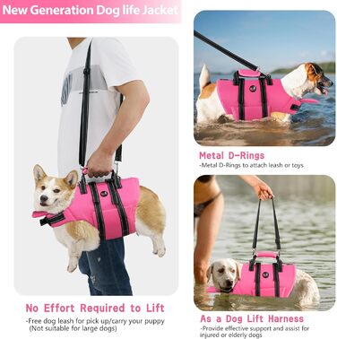 Жилет для плавання собак Dogcheer з блискавкою та рятувальним ручками, Ripstop-жилет для цуценят з плавучою шиєю для плавання, регульований жилет для плавання для маленьких, середніх та великих собак, рожевий
