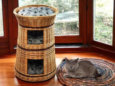 Кошик для котів із лози 50 см, триярусне ліжко з подушкою, натуральний колір, для котів і собак, котяча хата для дому