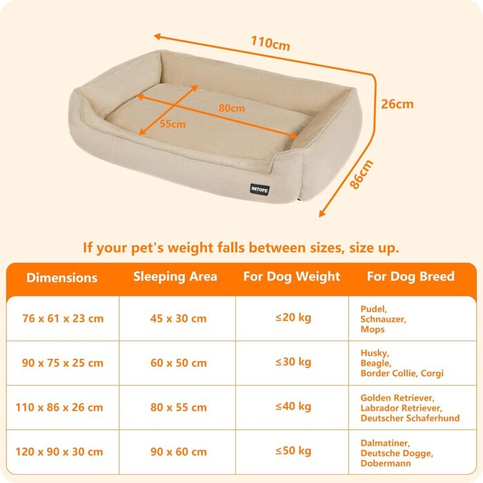 Ліжко для собак, м'яке, знімний чохол, бежеве, 110 x 86 x 26 см