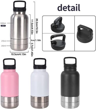 Портативна пляшка для собак з мисками для їжі та води, 3-в-1, ізольована сталева пляшка для подорожей, походів, прогулянок (глибока), рожева