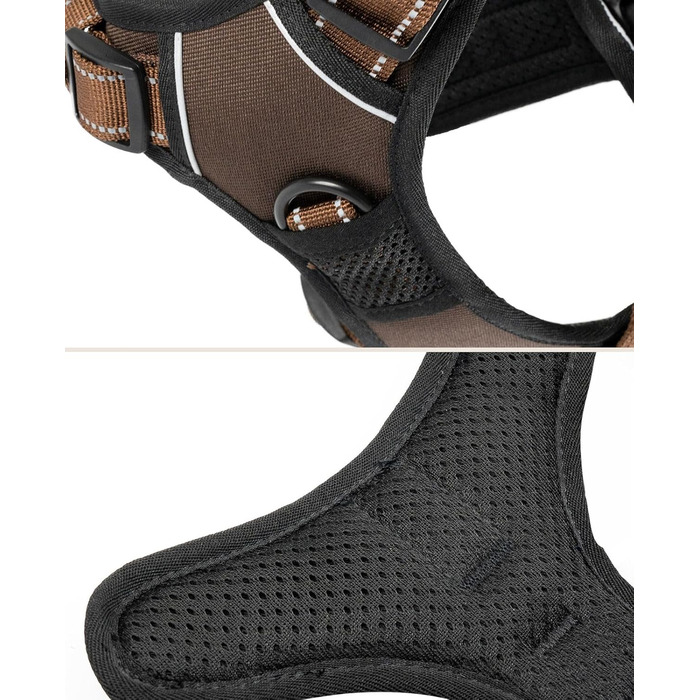 Шлейка для собак Ionto з відбиваючим матеріалом, м'яка, розмір M, коричнева, з двома кільцями та 4 ременями, з фіксаторами та гумовим ручним захопленням