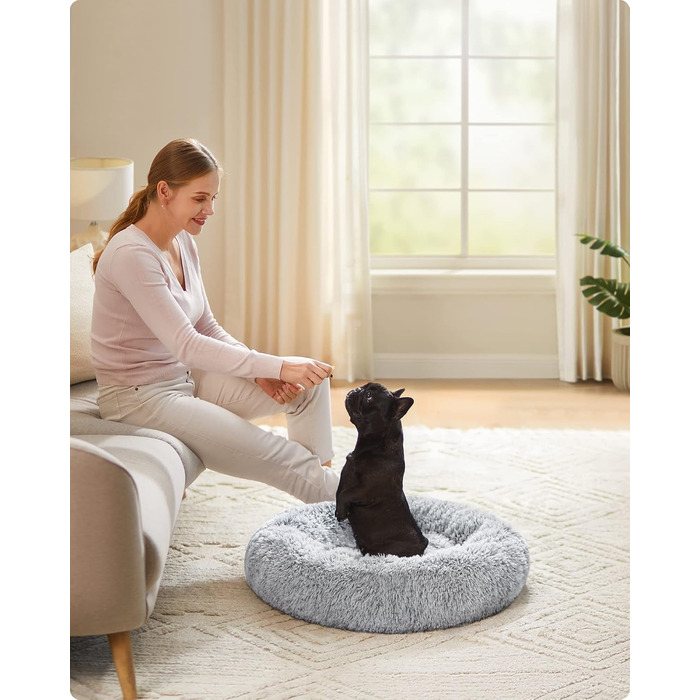 Ліжко для собак Feandrea, ліжко для котів, подушка-донат, 70 см, м'який плюш, знімний наповнювач, Ombré-Сірий