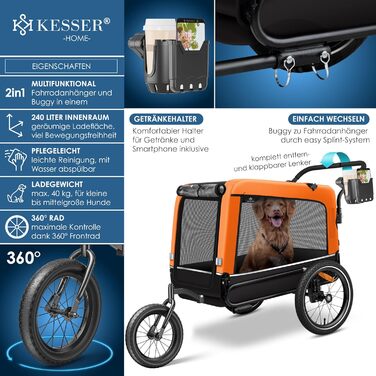 Великий велосипедний причіп для собак KESSER Boxer 3в1, 240 л, амортизований, матеріал Оксфорд 600D, для великих порід, до 40 кг, із підстаканником