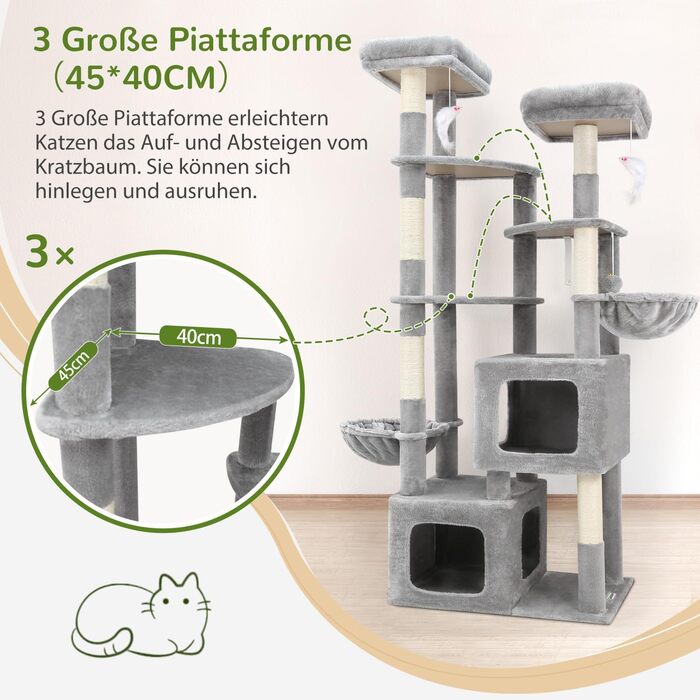 Драбина для котів Globlazer XXL, 189 см, сірий, з великою печерею та платформами