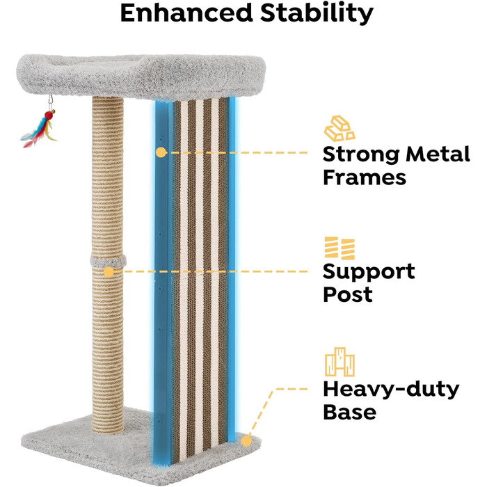Дряпалка для котів Veehoo, 90 см, сіра. Стабільна дряпка з платформою та іграшками. Підходить для кошенят та дорослих котів. Розміри: 46 x 37 x 90 см