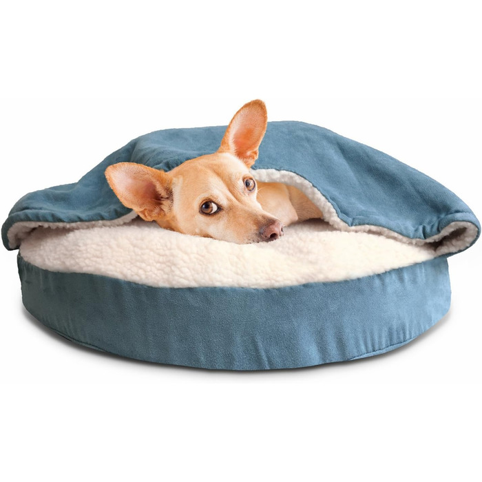 Ортопедичне ліжко для собак Furhaven, 66 см, для середніх та маленьких собак, до 13,6 кг, знімний, пральний чохол, Sherpa & Wildleder Snuggery, блакитне, з м'якої вовни та замші, 66 x 66 x 8 см