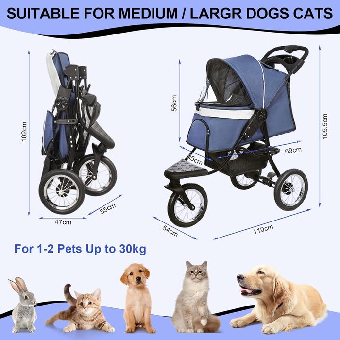 Візок для собак та котів, до 30 кг, складний, з тримачем для напоїв та захистом від дощу, блакитний