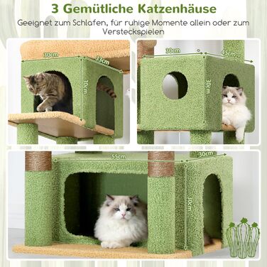 Драбина для котів Globlazer 204 см з 3 будиночками, 2 великими платформами, 3 м'якими кошиками, стабільна, для 3-5 котів, відпочинок, ігри, дряпання, зелений (XXL)