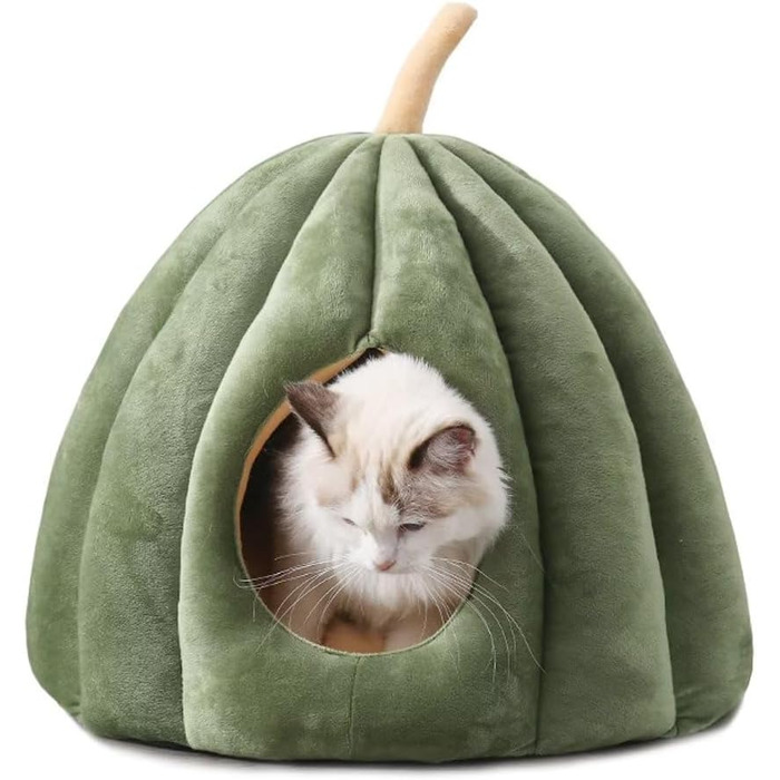 Кішка ліжко для дому, ліжко-печера для котів у стилі гарбуза, будиночок для тварин з знімним подушкою, м'яке напівзакрите ліжко у формі гарбуза для котів середніх розмірів, зелене
