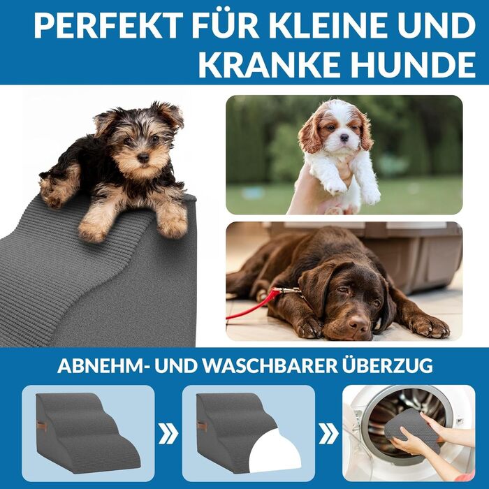 Сходинка для собак Nuraya: 3 сходинки, 40 см, з антиковзким покриттям. Підходить для маленьких собак та котів. Зручна для доступу до диванів та ліжок. Легко миється.