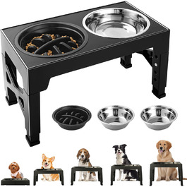 Підвищена годівниця для собак, регульована висота, великі породи - 2 x миска з нержавіючої сталі (1200 мл) + 1 x повільна годівниця (800 мл) - стійка станція для годування середніх/великих собак, чорний/сірий колір