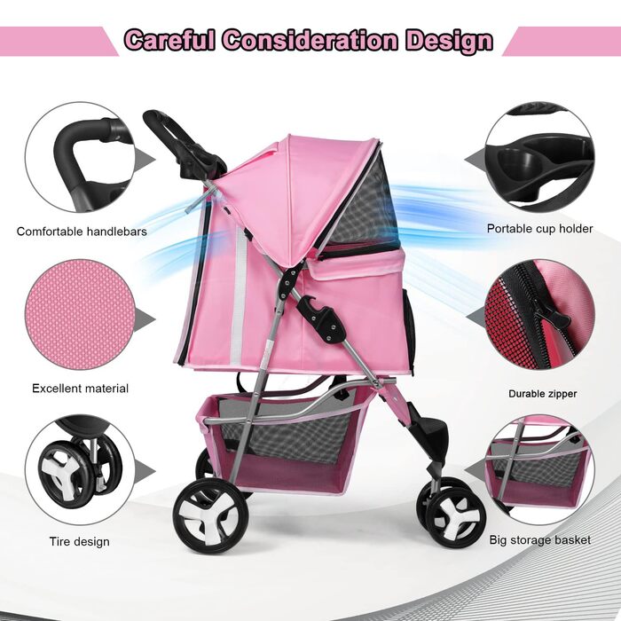 Візок для собак Wedyvko, 15 кг, рожевий, легкий, компактний, з аксесуарами, EVA-колеса