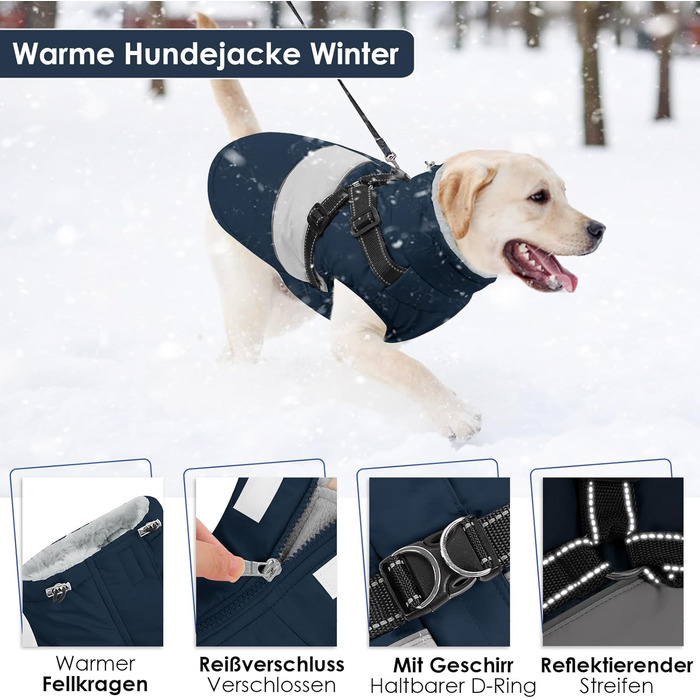 Зимовий водонепроникний теплий зимовий одяг для собак AOFITEE, великі породи, з кріпленням для повідка, флісова жилетка, вітронепроникний, для німецьких вівчарок, синій, 3XL, темно-синій