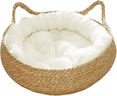 Кігтеточка-ліжко для котів з соломи та м'яким подушкою, 43 см, зручне ліжко для кошенят, ліжко для котів + біле подушко + об'ємні подушки