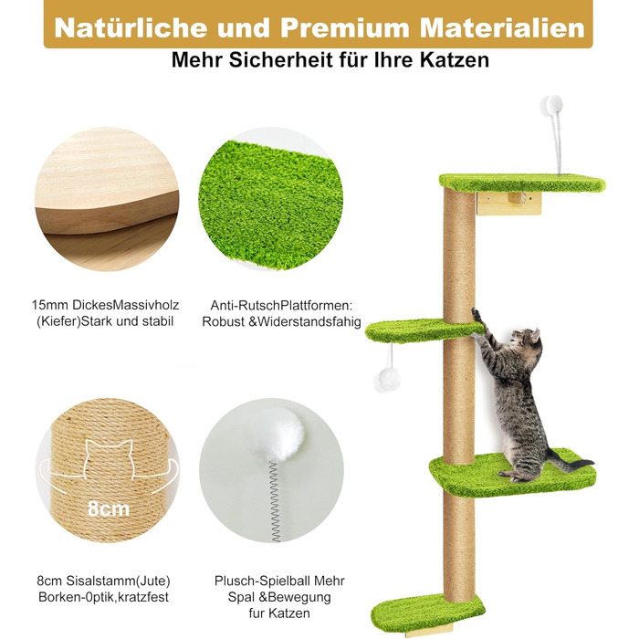 Кліматична стіна для котів Kratzbaum 125 см: 4 яруси, натуральне дерево, міцний фетр, зелений колір