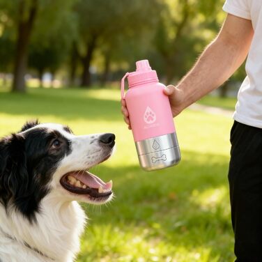 Поїлка для собак на прогулянці 1000 мл з мішечком, 4-в-1 ізотермічна фляга з нержавіючої сталі, не протікає, BPA-free з мисками для води та корму, аксесуари для собак (Рожева)