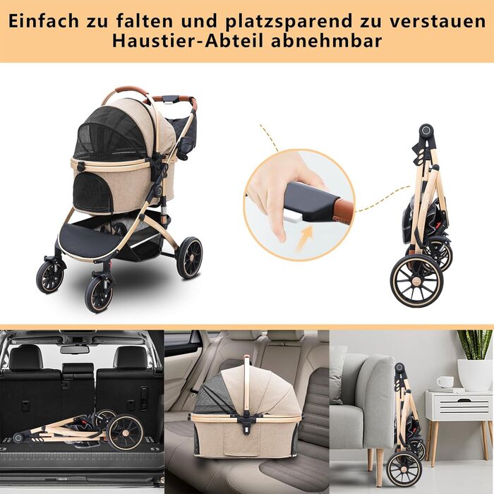 Візок для собак та котів 4-колісний, до 30 кг, для 2 котів, поворотні колеса, сітчасті вікна, 3-в-1 (Хакі, 39.8x77x102 см)