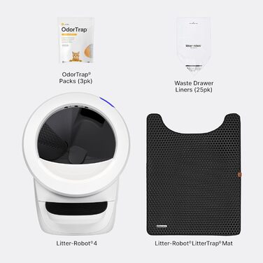 Автоматичний туалет для котів Litter-Robot 4 Whisker, білий, комплект для початківців: самоочищення, огорожа, килимок, 2 фільтри OdorTrap, 25 пакетів для відходів
