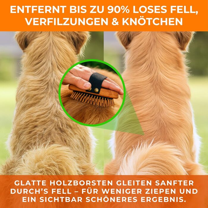 Щітка для собак з довгою шерстю - 100% натуральна щетина, Made in Germany. М'яка щітка для видалення підшерстка, розплутування та вирівнювання без вискубування. Змащений дерев'яний грифель FSC® + додатковий засіб для чищення щітки