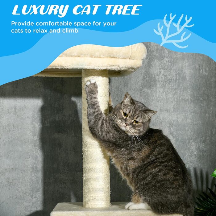PawHut Когтеточка для котів, висота 230-260 см, ігровий комплекс з 4 рівнями та будиночком з плюшу, бежевий