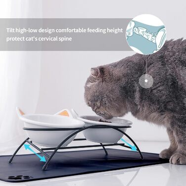 Набір мисок для котів з кераміки з підставкою та силіконовим килимком, 340 мл, нахилені, для котів, кошенят, маленьких собак, білий