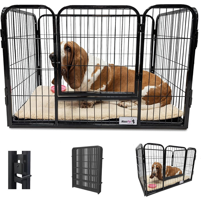 MaxxPet вольєр для цуценят із підлогою, складаний манеж для собак, регульований, 4 панелі, 93x61x63 см, чорний
