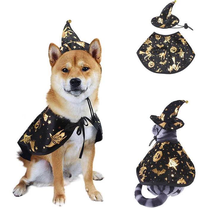 Костюм на Хелловін для собак та котів: плащ відьми та капелюх. Розмір M