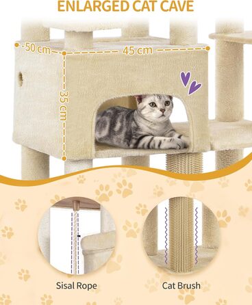 Кігтеточка Hzuaneri XXL 200 см з 10 стовпчиками, 2 печерами, 2 гамаками, великою платформою, щітками для котів, кошиком. Підходить для Maine Coon та великих котів (Бежевий)