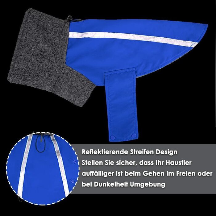 Зимова куртка для собак SlowTon з флісу, тепла та водонепроникна, з капюшоном-шарфом та світловідбиваючими смугами, регульована, для цуценят та собак (Синій, M)