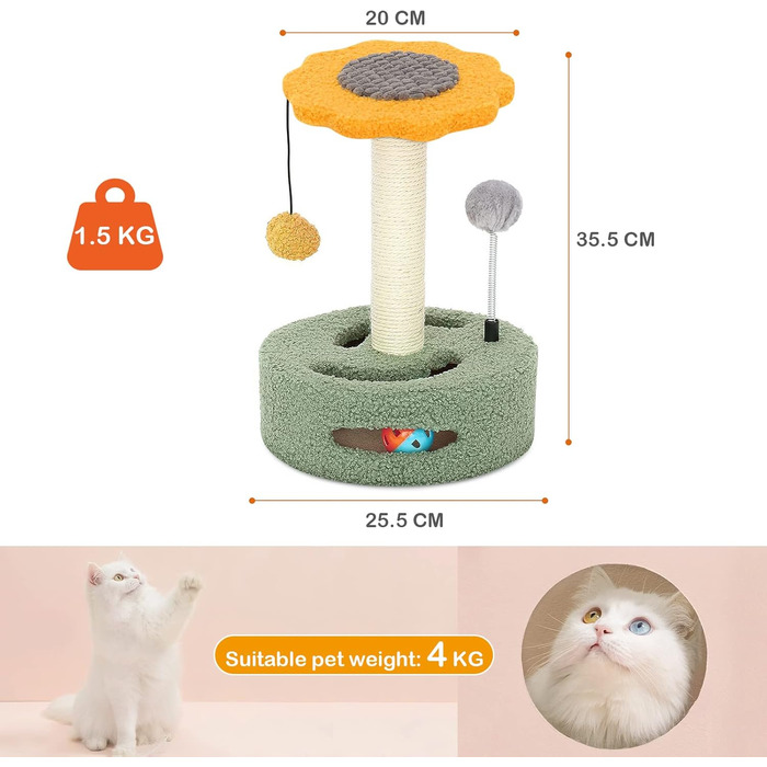 ALLSOPETS Котячий дряпак-когтеточка з сизалем, ігровий комплекс з тунелем і підвішеною іграшкою для маленьких котів, жовтий