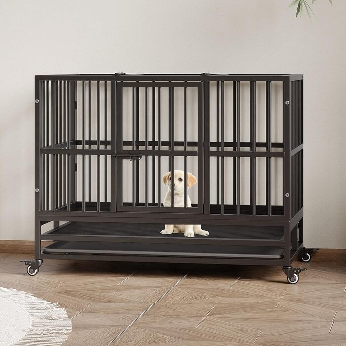 Міцний переносний вольєр для собак, транспортна переноска для великих собак, 94x58.5x74.8 см. Металевий вольєр на 4 колесах з двома дверцятами, знімний піддон. Підходить для малих, середніх та великих собак.