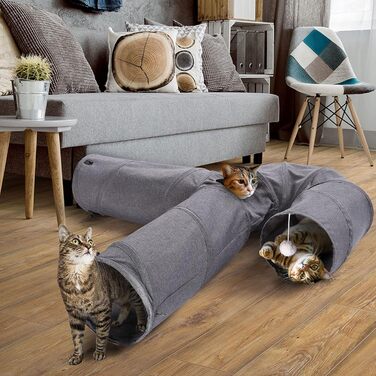 Ігровий тунель для котів Ownpets 3-в-1, розкладний тканинний тунель із м'ячиком та дразнилкою, для котів, кошенят, кроликів, цуценят, сірий