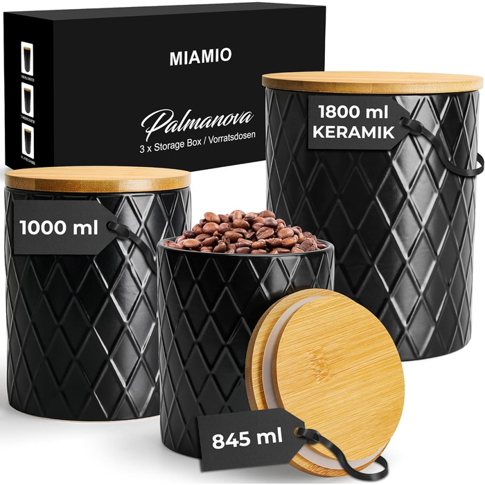 Набір з 3 вазок для зберігання Miamio Palmanova, кераміка з дерев'яним кришкою, білий та чорний кольори