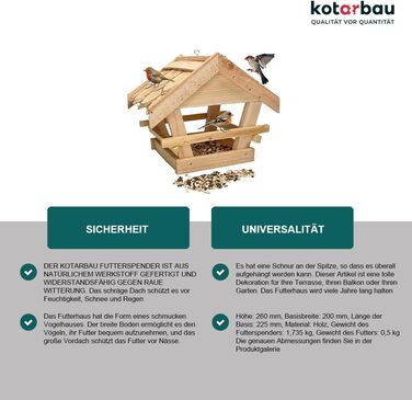 Дерев'яна годівниця для птахів KOTARBAU з дахом із дранки, підвісна, 0,5 кг корму у подарунок