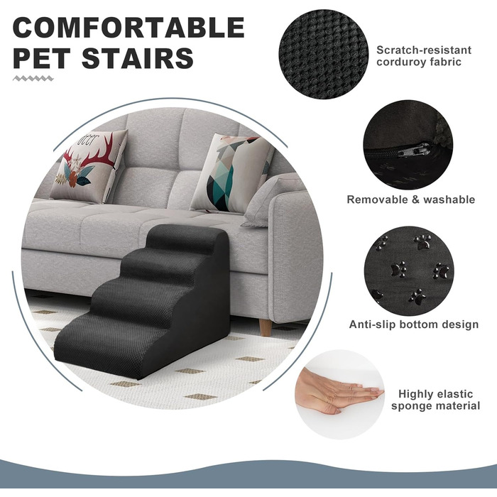 Сходинки для собак Mozvvco - 4 сходинки, для маленьких собак, м'який матеріал, знімний чохол, чорного кольору