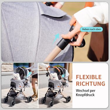 Візок для собак EchoSmile, складаний, до 20 кг, для маленьких та середніх собак та котів, з регульованою ручкою, амортизаторами та знімним чохлом (сірий)