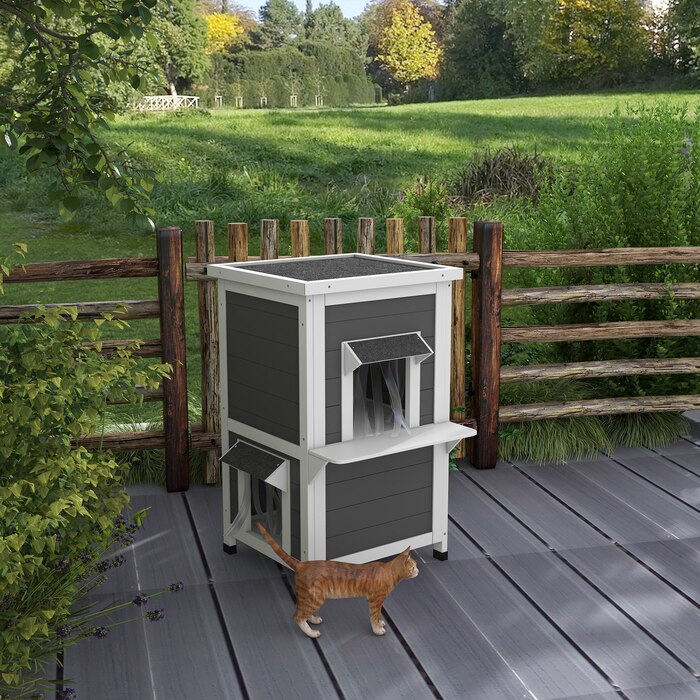 PawHut Cat House Дерев'яний 2-х ярусний стійкий до погодних умов будиночок для кішок з дахом, сірий і білий, 60x60x81.5см | Аосом