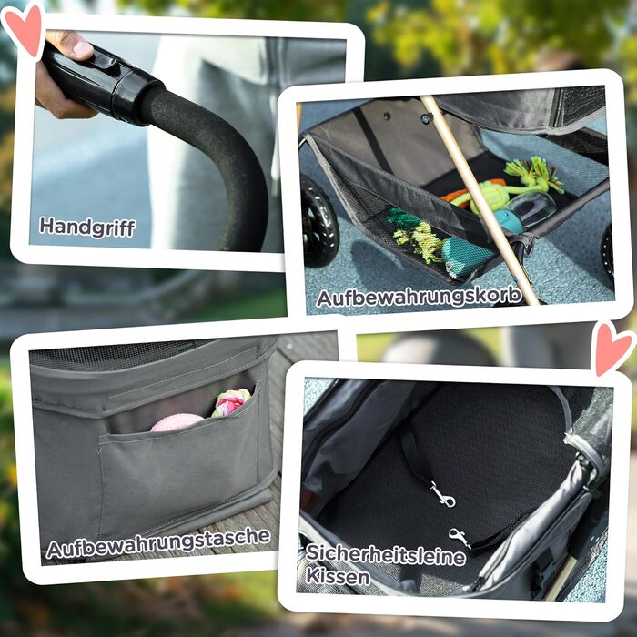 PawHut Візок для собак і котів 3-в-1, сірий, до 4 кг, складна конструкція, з подушкою, сіткою, тримачем для напоїв та кошиком для зберігання